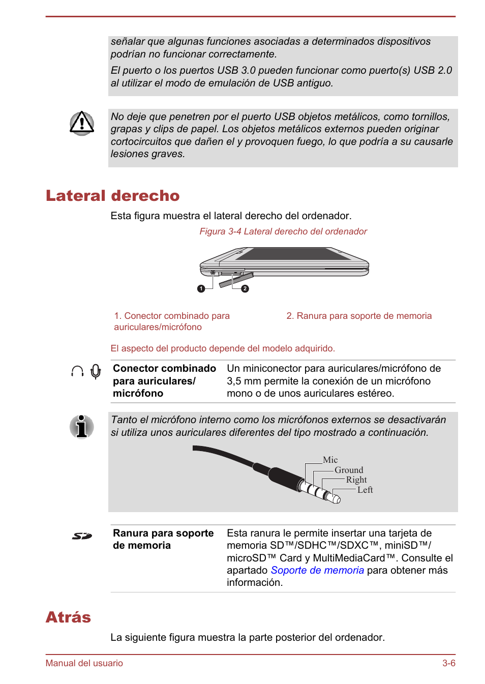 Lateral derecho, Atrás, Lateral derecho -6 atrás -6 | Toshiba Satellite U920T-C User Manual | Page 48 / 123