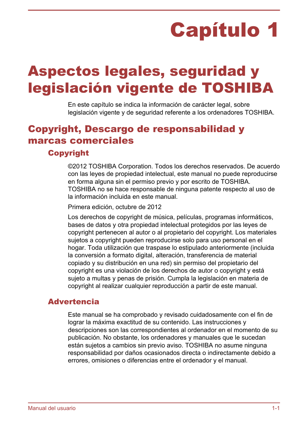 Copyright, Advertencia, Capítulo 1 | Toshiba Satellite U920T-C User Manual | Page 5 / 123