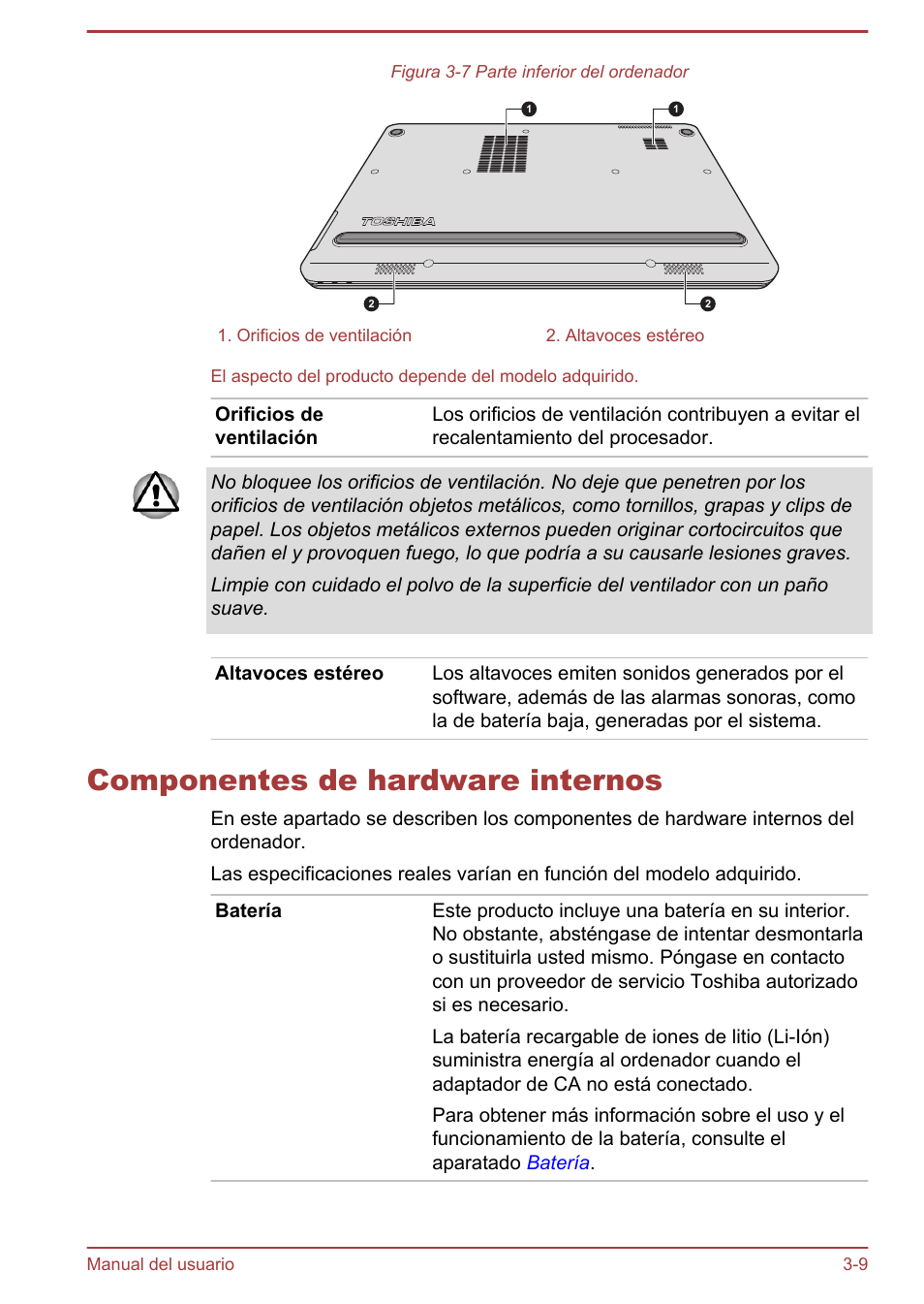 Componentes de hardware internos, Componentes de hardware internos -9 | Toshiba Satellite U920T-C User Manual | Page 51 / 123