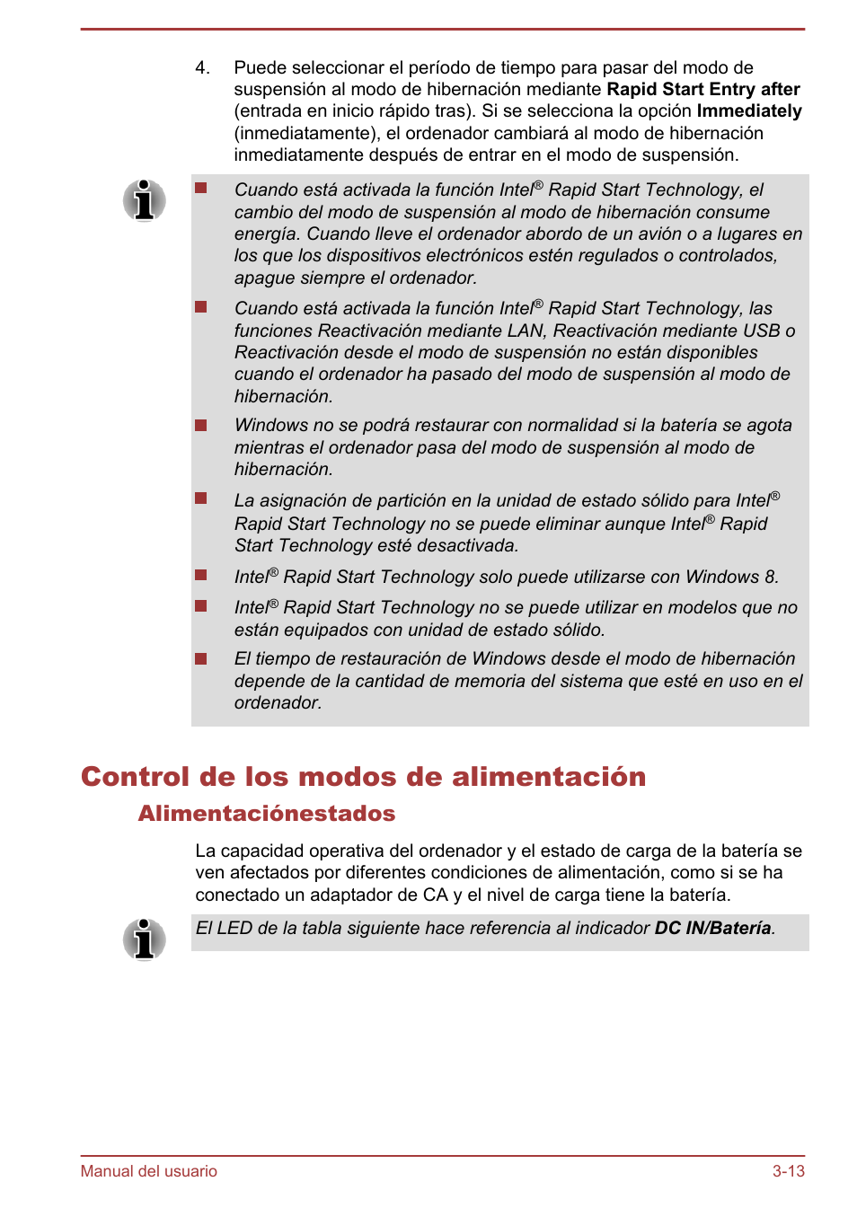 Control de los modos de alimentación, Alimentaciónestados, Control de los modos de alimentación -13 | Consulte el apartado, Control de los modos de, Alimentación, Para obtener más información | Toshiba Satellite U920T-C User Manual | Page 55 / 123