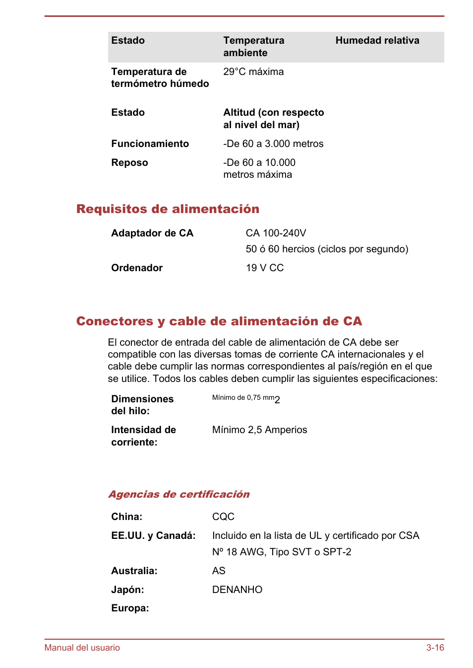 Requisitos de alimentación, Conectores y cable de alimentación de ca | Toshiba Satellite U920T-C User Manual | Page 58 / 123