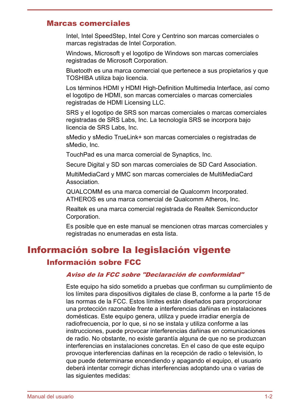 Marcas comerciales, Información sobre la legislación vigente, Información sobre fcc | Información sobre la legislación vigente -2 | Toshiba Satellite U920T-C User Manual | Page 6 / 123