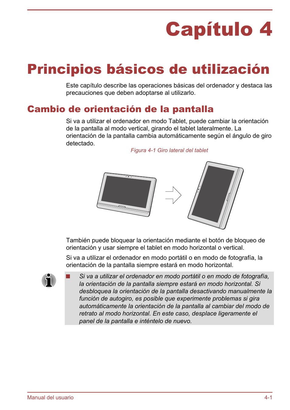 Capítulo 4 principios básicos de utilización, Cambio de orientación de la pantalla, Capítulo 4 | Principios básicos de utilización, Cambio de orientación de la pantalla -1 | Toshiba Satellite U920T-C User Manual | Page 60 / 123