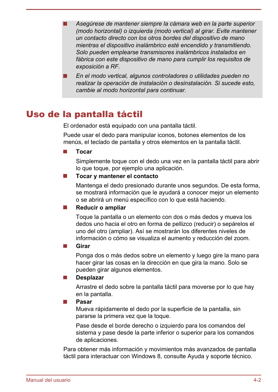 Uso de la pantalla táctil, Uso de la pantalla táctil -2 | Toshiba Satellite U920T-C User Manual | Page 61 / 123