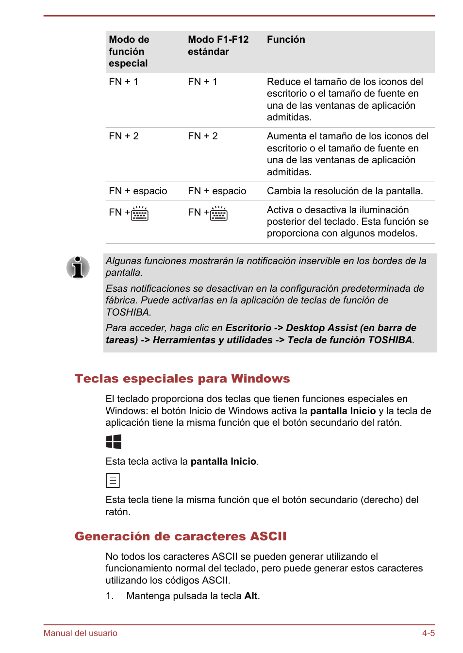 Teclas especiales para windows, Generación de caracteres ascii | Toshiba Satellite U920T-C User Manual | Page 64 / 123