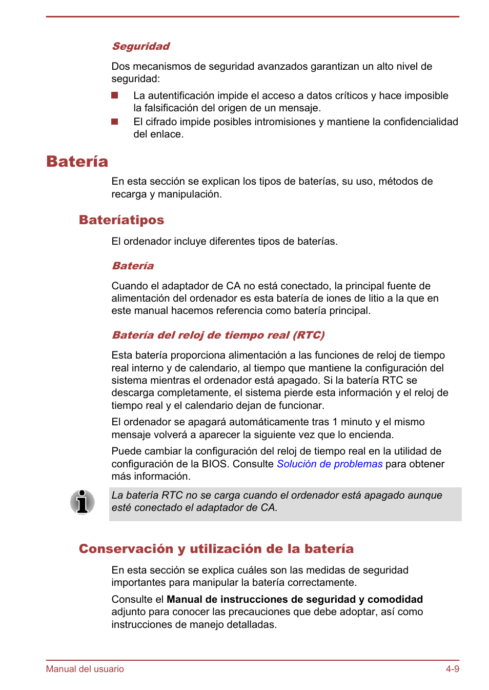 Batería, Bateríatipos, Conservación y utilización de la batería | Batería -9 | Toshiba Satellite U920T-C User Manual | Page 68 / 123