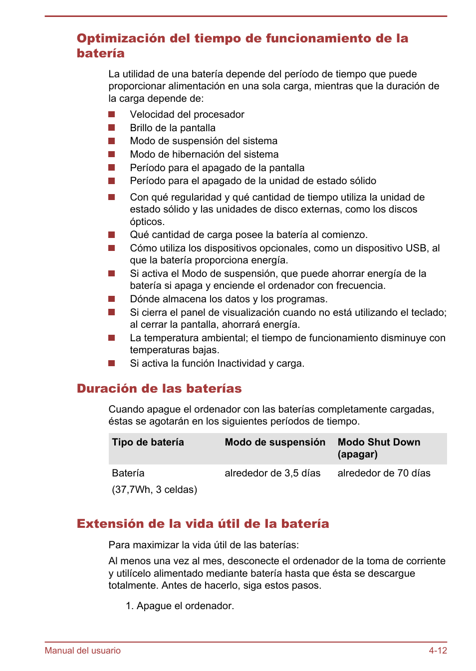 Duración de las baterías, Extensión de la vida útil de la batería | Toshiba Satellite U920T-C User Manual | Page 71 / 123