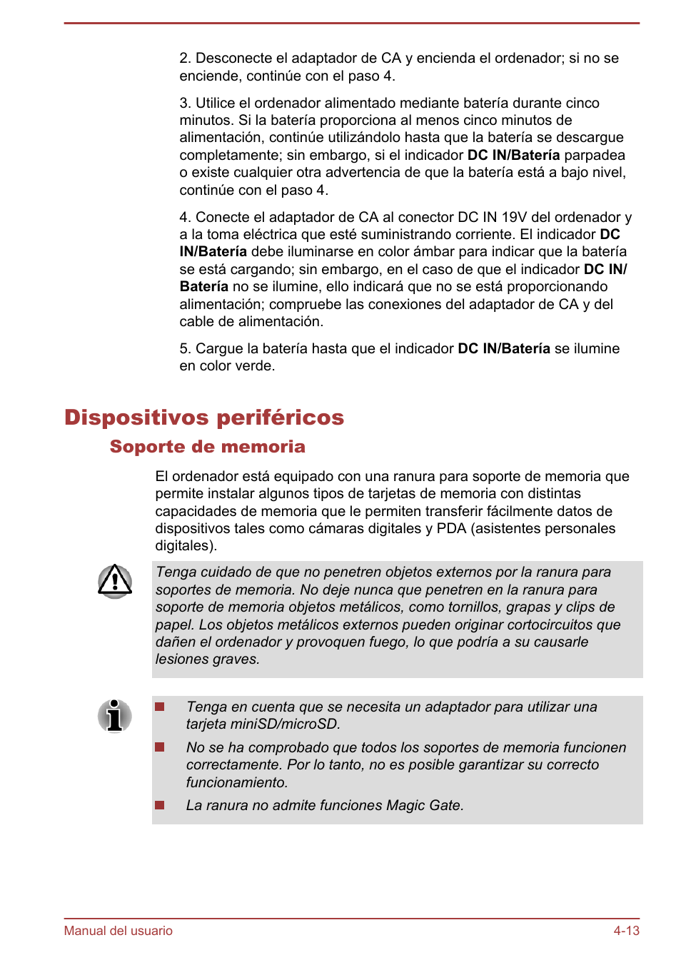 Dispositivos periféricos, Soporte de memoria, Dispositivos periféricos -13 | Toshiba Satellite U920T-C User Manual | Page 72 / 123
