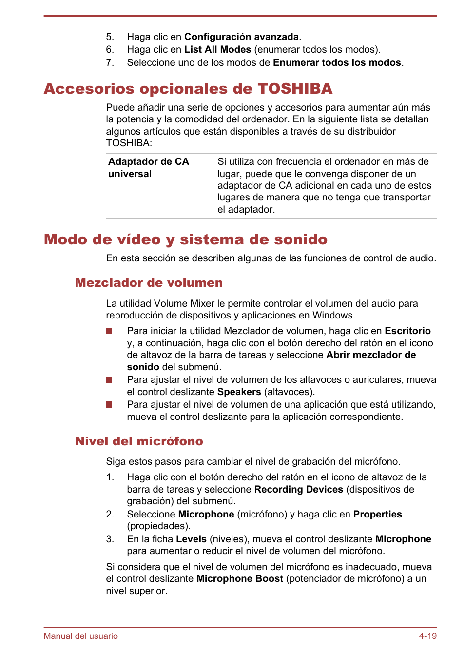 Accesorios opcionales de toshiba, Modo de vídeo y sistema de sonido, Mezclador de volumen | Nivel del micrófono | Toshiba Satellite U920T-C User Manual | Page 78 / 123