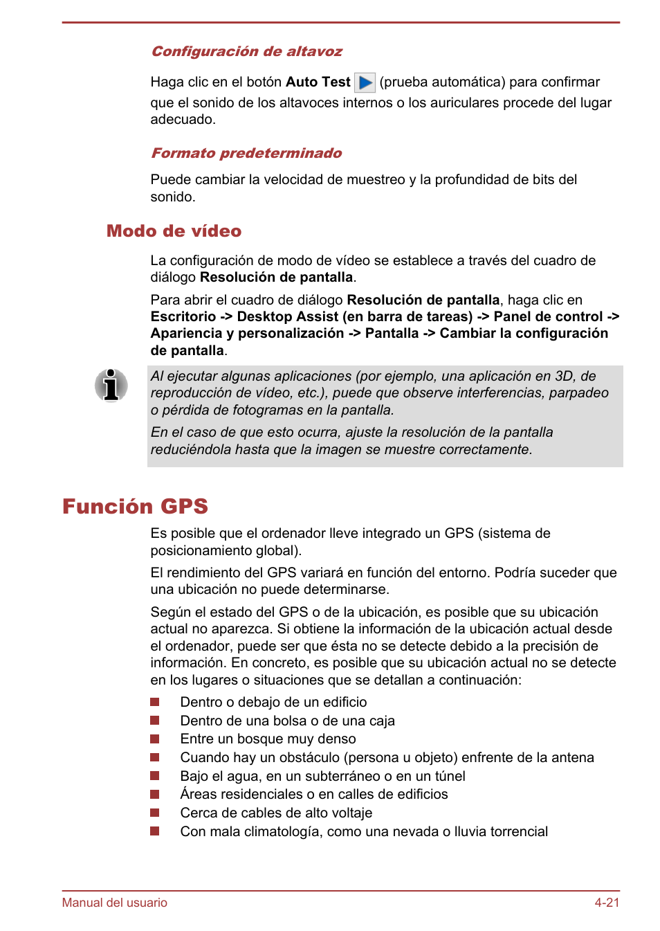Modo de vídeo, Función gps, Función gps -21 | Toshiba Satellite U920T-C User Manual | Page 80 / 123
