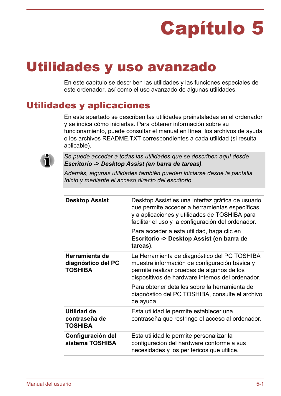 Capítulo 5 utilidades y uso avanzado, Utilidades y aplicaciones, Capítulo 5 | Utilidades y uso avanzado, Utilidades y aplicaciones -1 | Toshiba Satellite U920T-C User Manual | Page 83 / 123