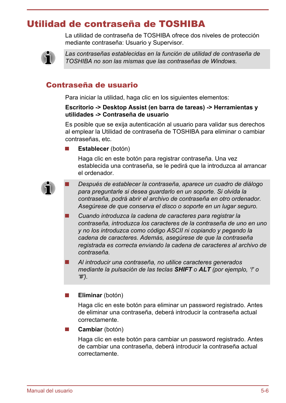 Utilidad de contraseña de toshiba, Contraseña de usuario, Utilidad de contraseña de toshiba -6 | Toshiba Satellite U920T-C User Manual | Page 88 / 123