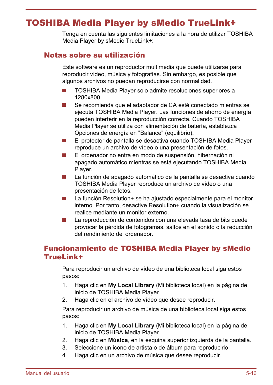 Toshiba media player by smedio truelink, Notas sobre su utilización, Toshiba media player by smedio truelink+ -16 | Toshiba Satellite U920T-C User Manual | Page 98 / 123