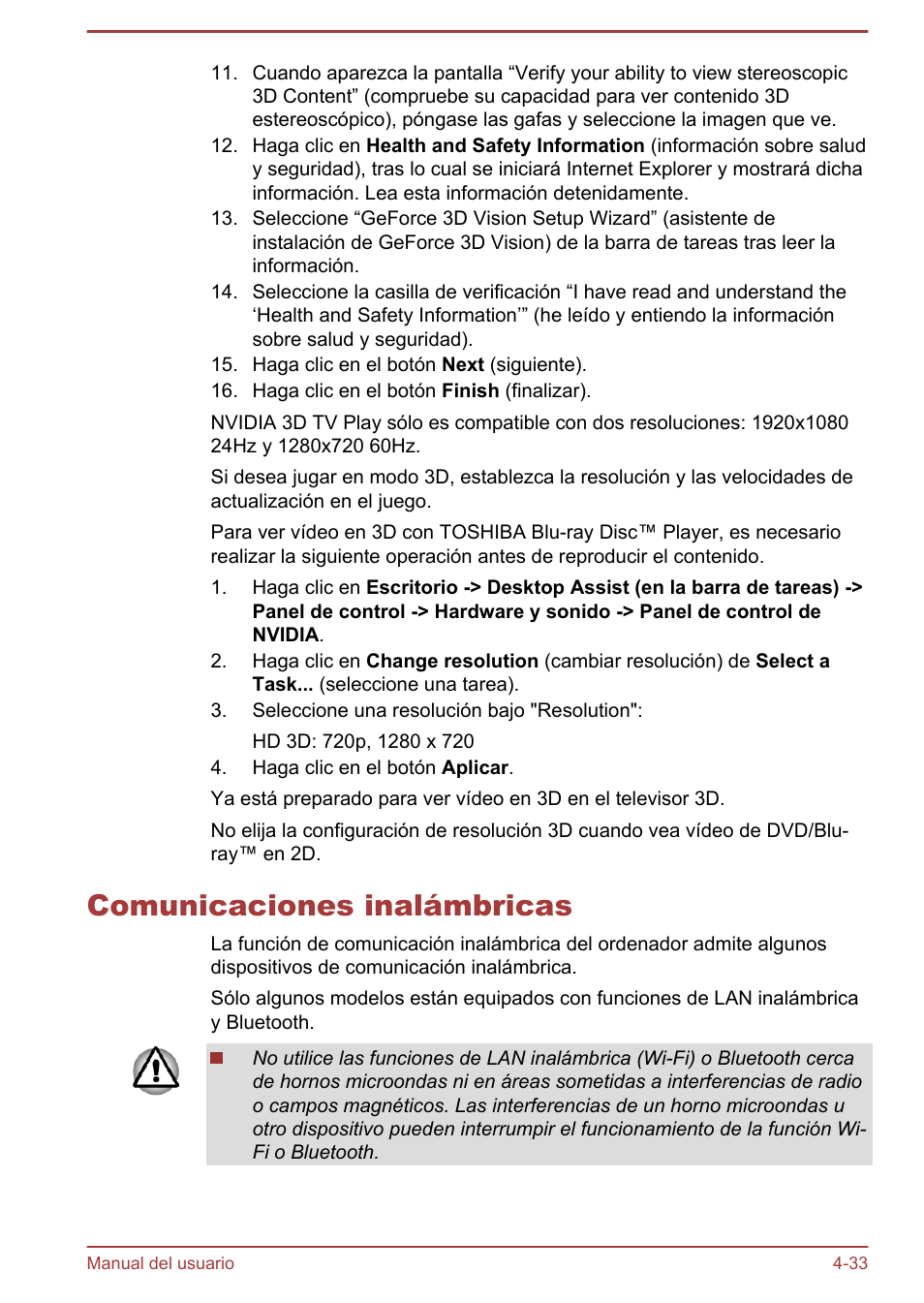 Comunicaciones inalámbricas, Comunicaciones inalámbricas -33 | Toshiba Satellite P850 User Manual | Page 102 / 182
