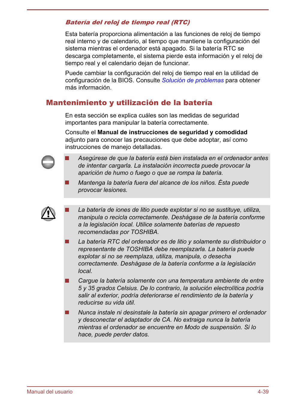 Mantenimiento y utilización de la batería | Toshiba Satellite P850 User Manual | Page 108 / 182