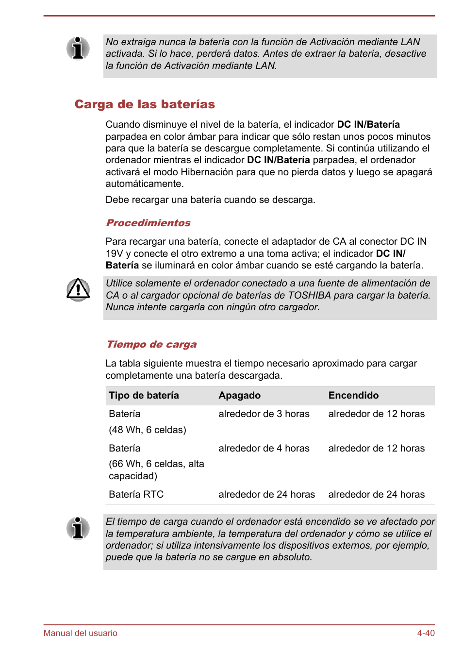 Carga de las baterías | Toshiba Satellite P850 User Manual | Page 109 / 182
