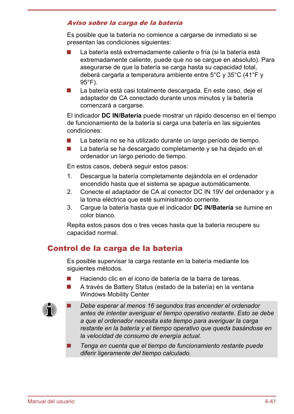 Control de la carga de la batería | Toshiba Satellite P850 User Manual | Page 110 / 182