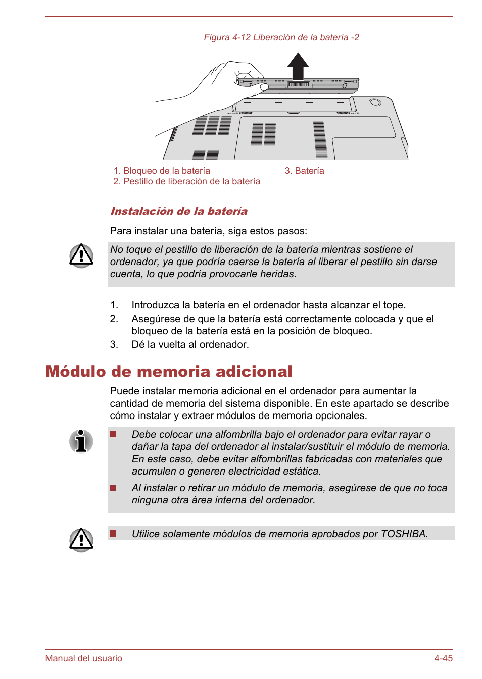 Módulo de memoria adicional, Módulo de memoria adicional -45, Módulo de memoria | Adicional | Toshiba Satellite P850 User Manual | Page 114 / 182