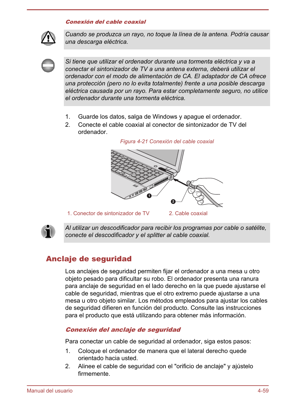 Anclaje de seguridad | Toshiba Satellite P850 User Manual | Page 128 / 182