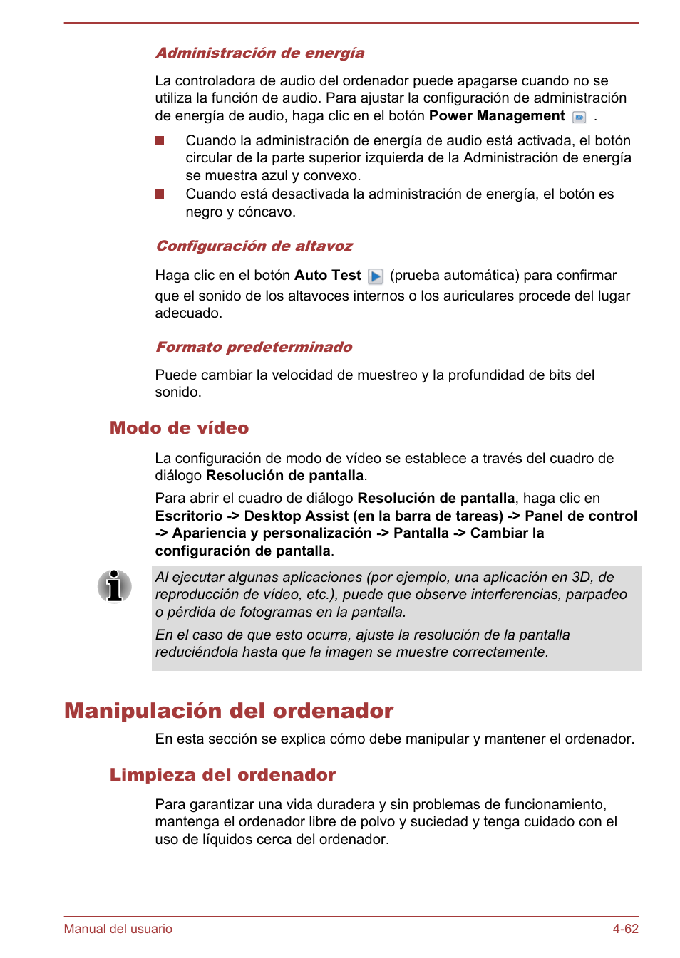 Modo de vídeo, Manipulación del ordenador, Limpieza del ordenador | Manipulación del ordenador -62 | Toshiba Satellite P850 User Manual | Page 131 / 182