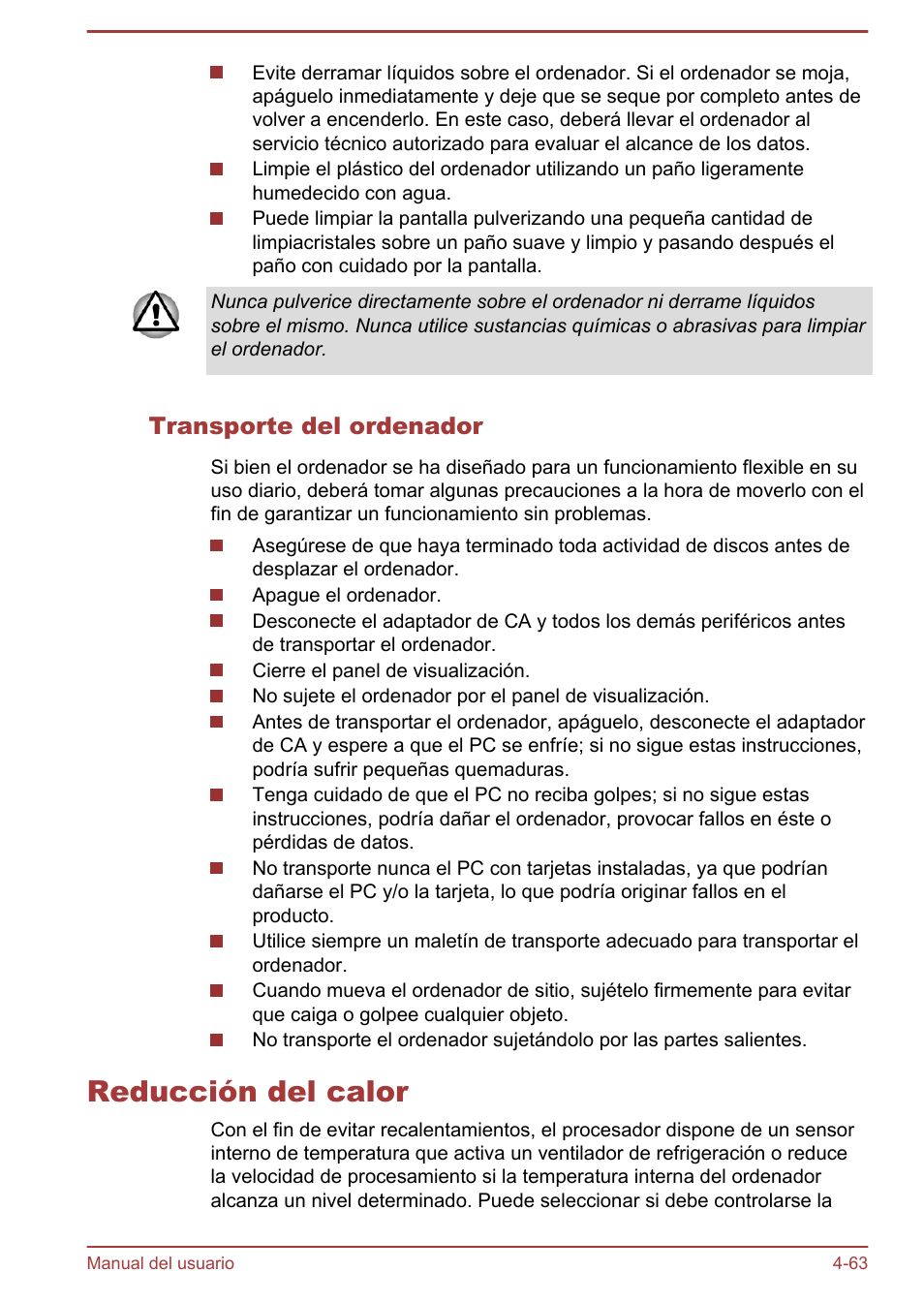 Transporte del ordenador, Reducción del calor, Reducción del calor -63 | Toshiba Satellite P850 User Manual | Page 132 / 182