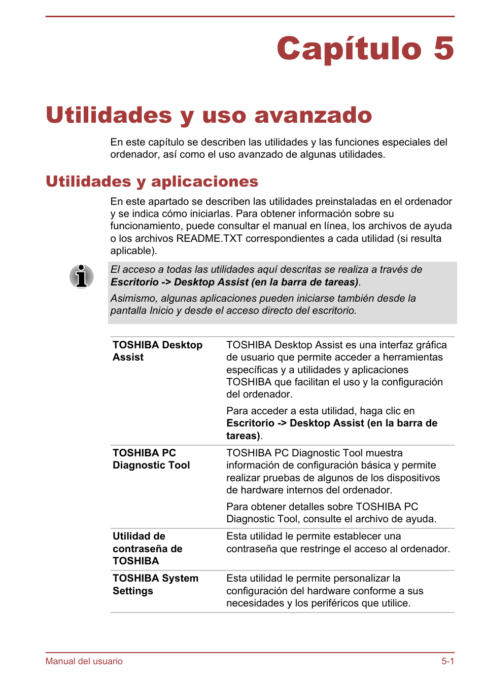 Capítulo 5 utilidades y uso avanzado, Utilidades y aplicaciones, Capítulo 5 | Utilidades y uso avanzado, Utilidades y aplicaciones -1 | Toshiba Satellite P850 User Manual | Page 134 / 182