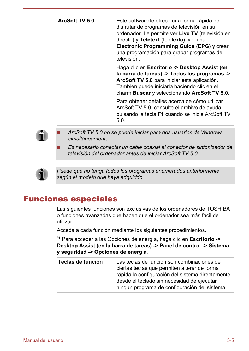 Funciones especiales, Funciones especiales -5 | Toshiba Satellite P850 User Manual | Page 138 / 182