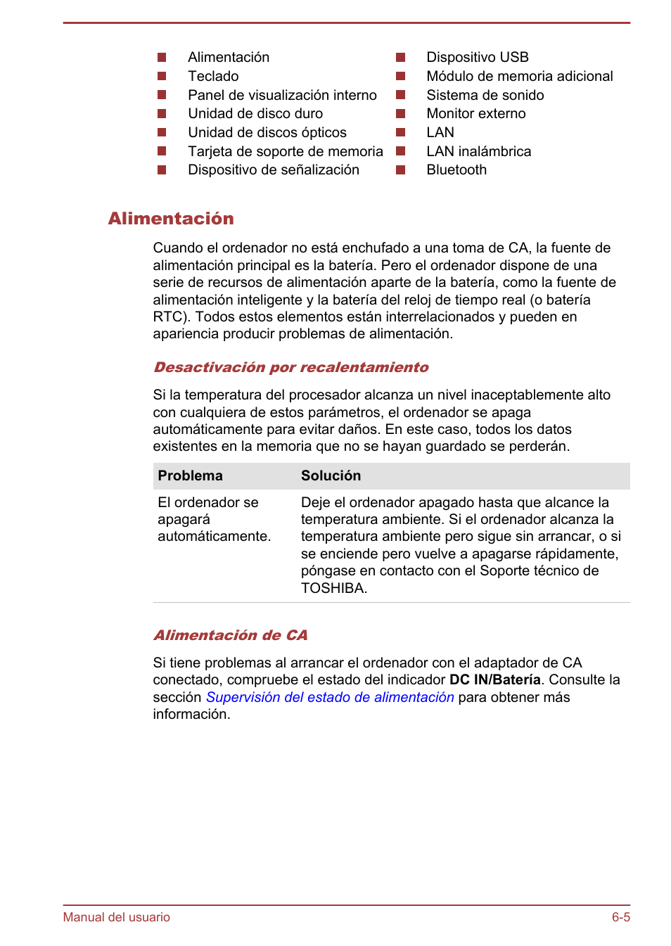 Alimentación | Toshiba Satellite P850 User Manual | Page 166 / 182