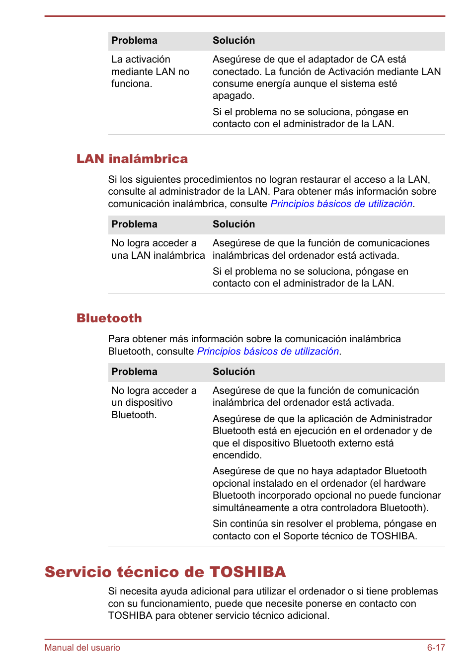 Lan inalámbrica, Bluetooth, Servicio técnico de toshiba | Servicio técnico de toshiba -17 | Toshiba Satellite P850 User Manual | Page 178 / 182