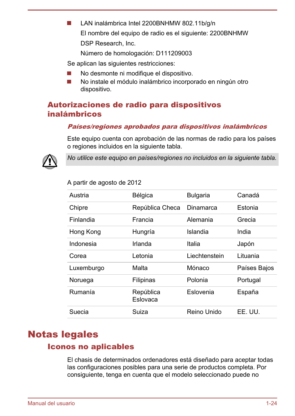 Notas legales, Iconos no aplicables, Notas legales -24 | Toshiba Satellite P850 User Manual | Page 28 / 182