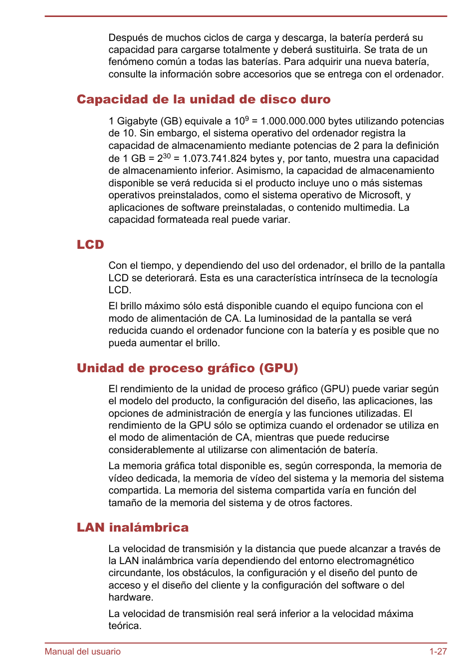 Capacidad de la unidad de disco duro, Unidad de proceso gráfico (gpu), Lan inalámbrica | Toshiba Satellite P850 User Manual | Page 31 / 182