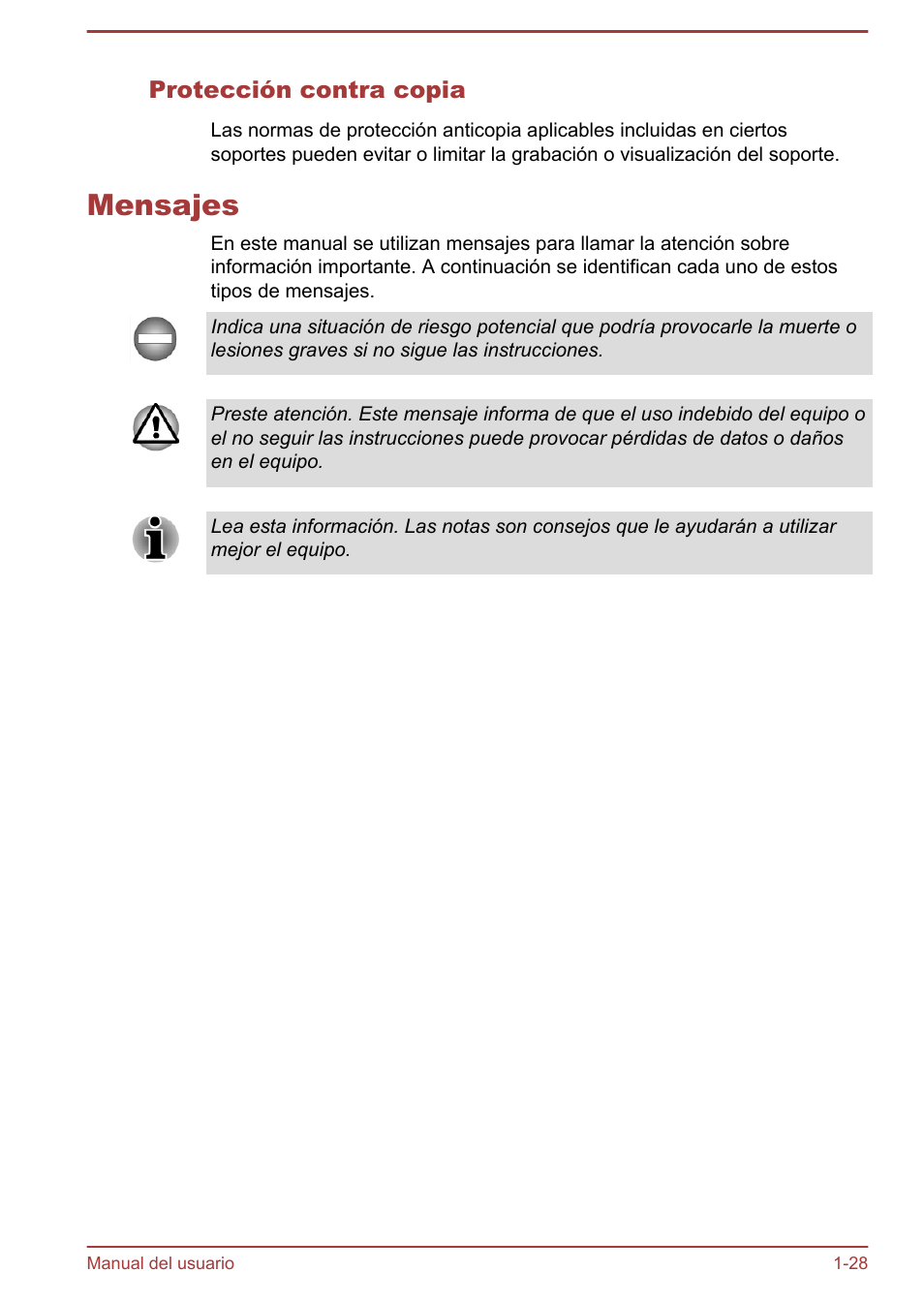 Protección contra copia, Mensajes, Mensajes -28 | Toshiba Satellite P850 User Manual | Page 32 / 182