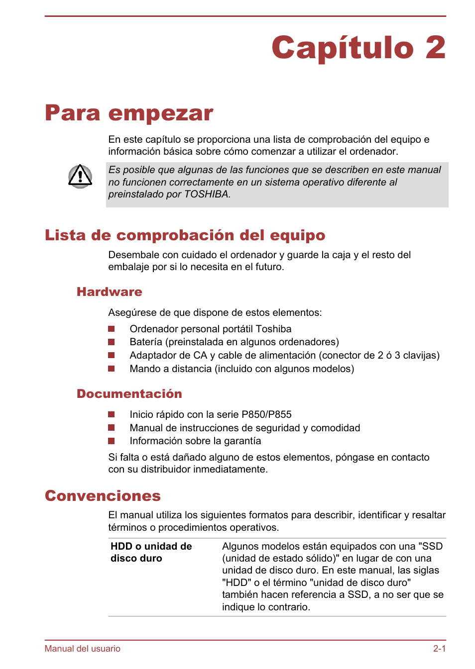 Capítulo 2 para empezar, Lista de comprobación del equipo, Hardware | Documentación, Convenciones, Capítulo 2, Para empezar | Toshiba Satellite P850 User Manual | Page 33 / 182