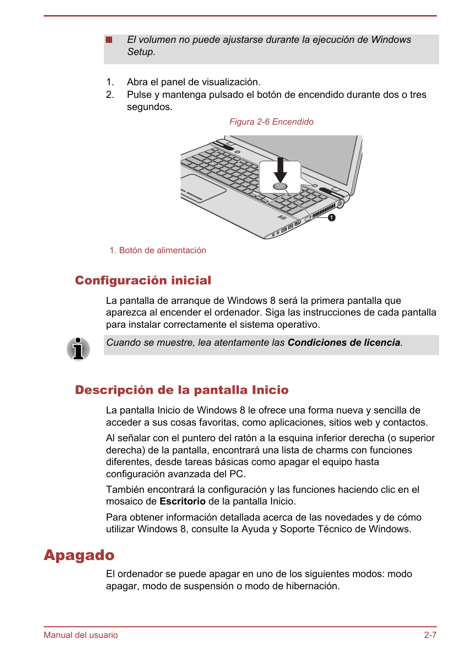 Configuración inicial, Descripción de la pantalla inicio, Apagado | Apagado -7 | Toshiba Satellite P850 User Manual | Page 39 / 182