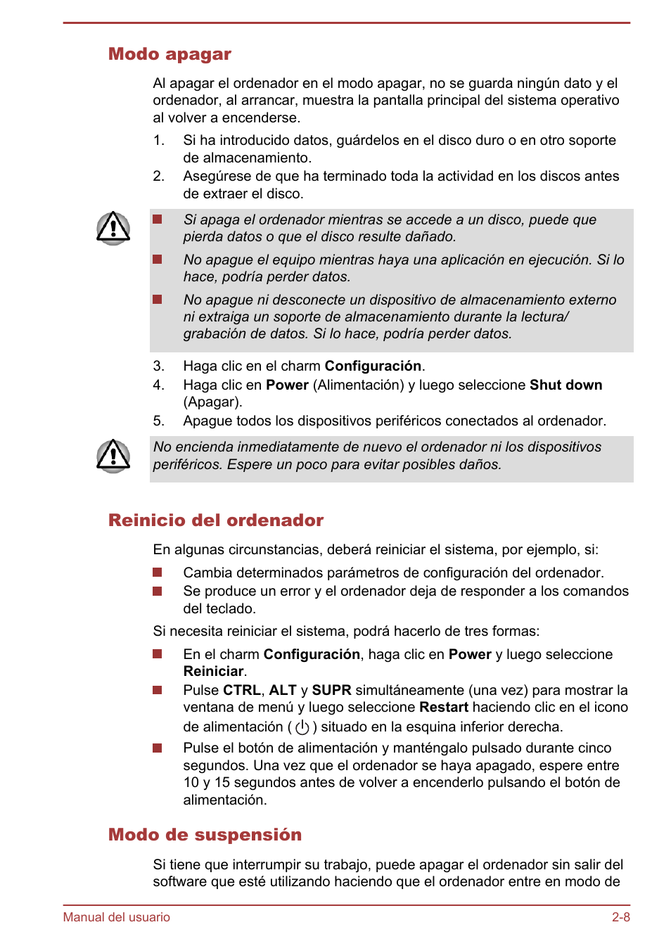 Modo apagar, Reinicio del ordenador, Modo de suspensión | Toshiba Satellite P850 User Manual | Page 40 / 182
