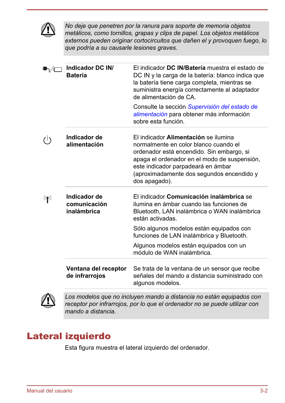 Lateral izquierdo, Lateral izquierdo -2 | Toshiba Satellite P850 User Manual | Page 46 / 182