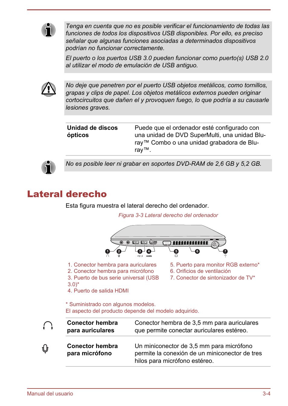 Lateral derecho, Lateral derecho -4 | Toshiba Satellite P850 User Manual | Page 48 / 182