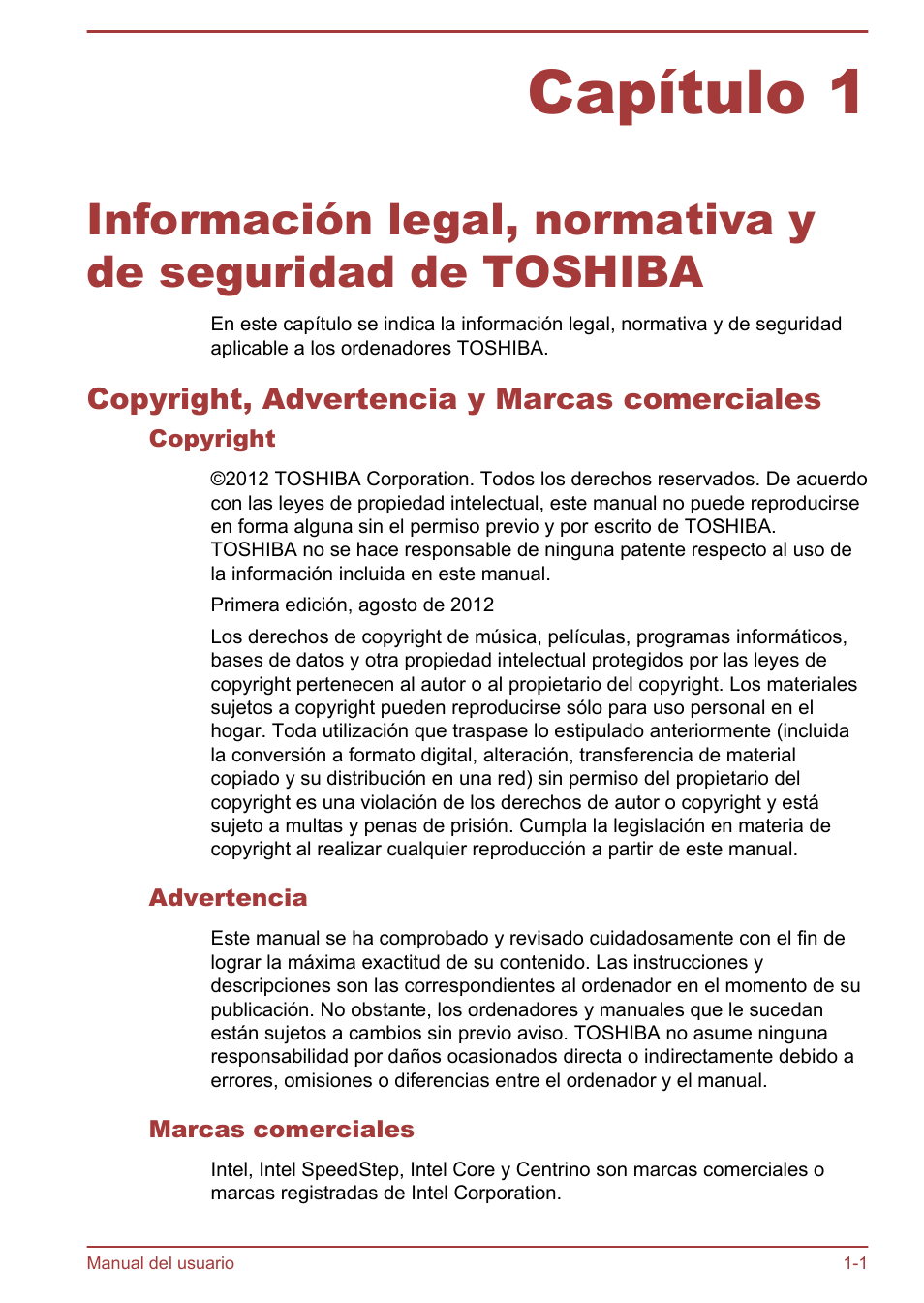 Copyright, advertencia y marcas comerciales, Copyright, Advertencia | Marcas comerciales, Capítulo 1, Copyright, advertencia y marcas comerciales -1 | Toshiba Satellite P850 User Manual | Page 5 / 182