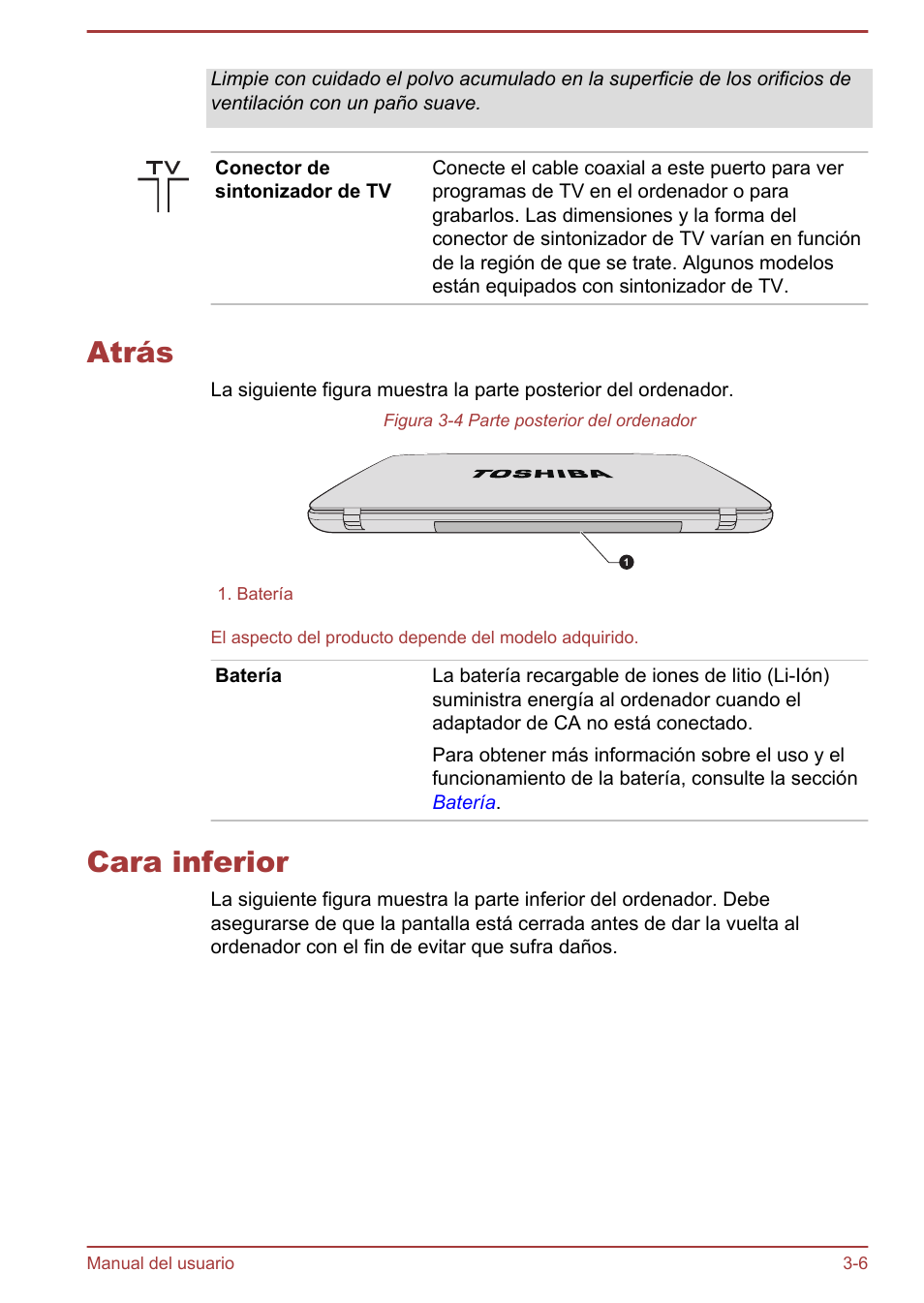 Atrás, Cara inferior, Atrás -6 cara inferior -6 | Toshiba Satellite P850 User Manual | Page 50 / 182