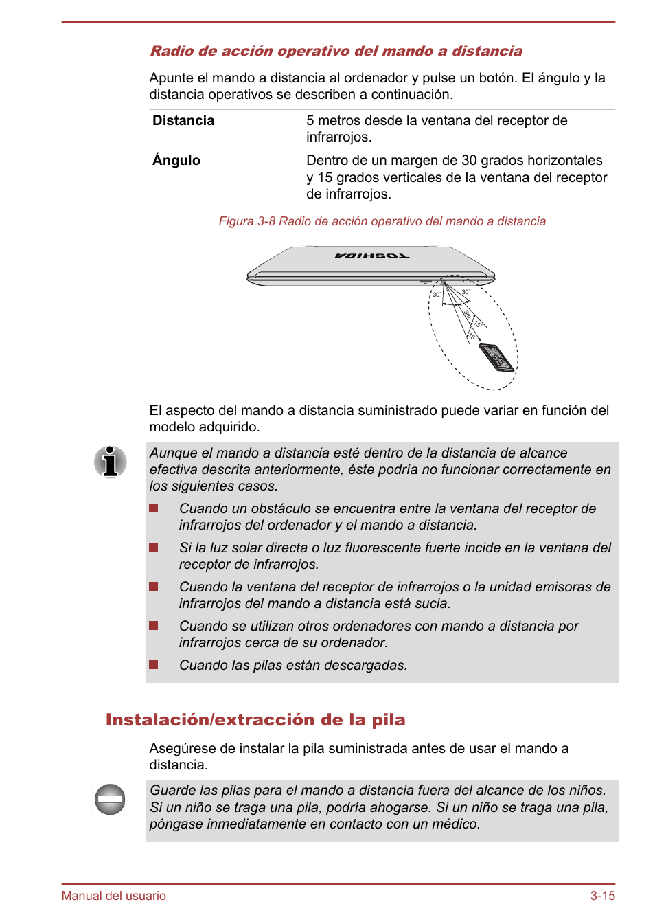 Instalación/extracción de la pila, Radio de acción operativo del mando a distancia | Toshiba Satellite P850 User Manual | Page 59 / 182