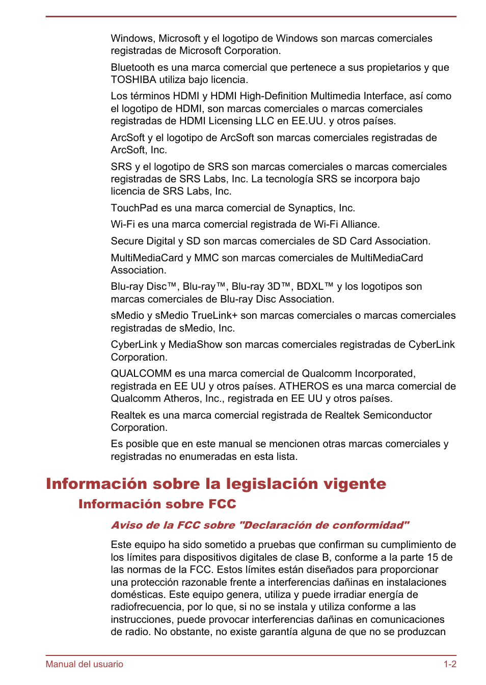Información sobre la legislación vigente, Información sobre fcc, Información sobre la legislación vigente -2 | Toshiba Satellite P850 User Manual | Page 6 / 182
