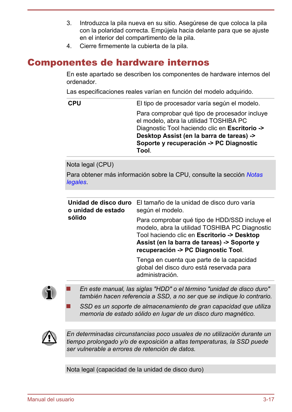 Componentes de hardware internos, Componentes de hardware internos -17 | Toshiba Satellite P850 User Manual | Page 61 / 182