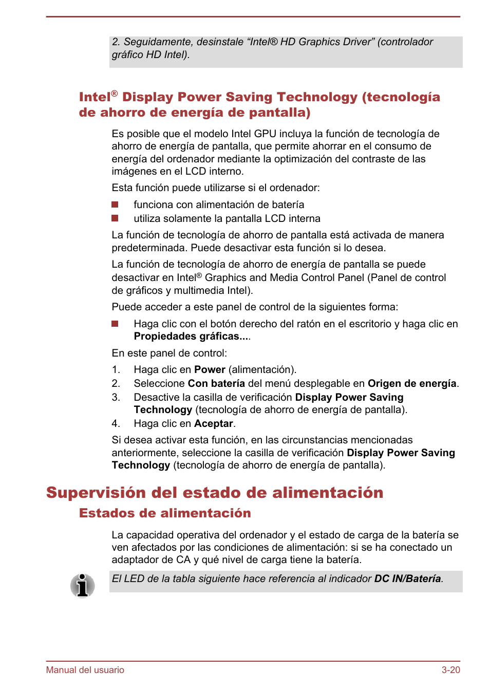 Supervisión del estado de alimentación, Estados de alimentación, Supervisión del estado de alimentación -20 | Intel | Toshiba Satellite P850 User Manual | Page 64 / 182