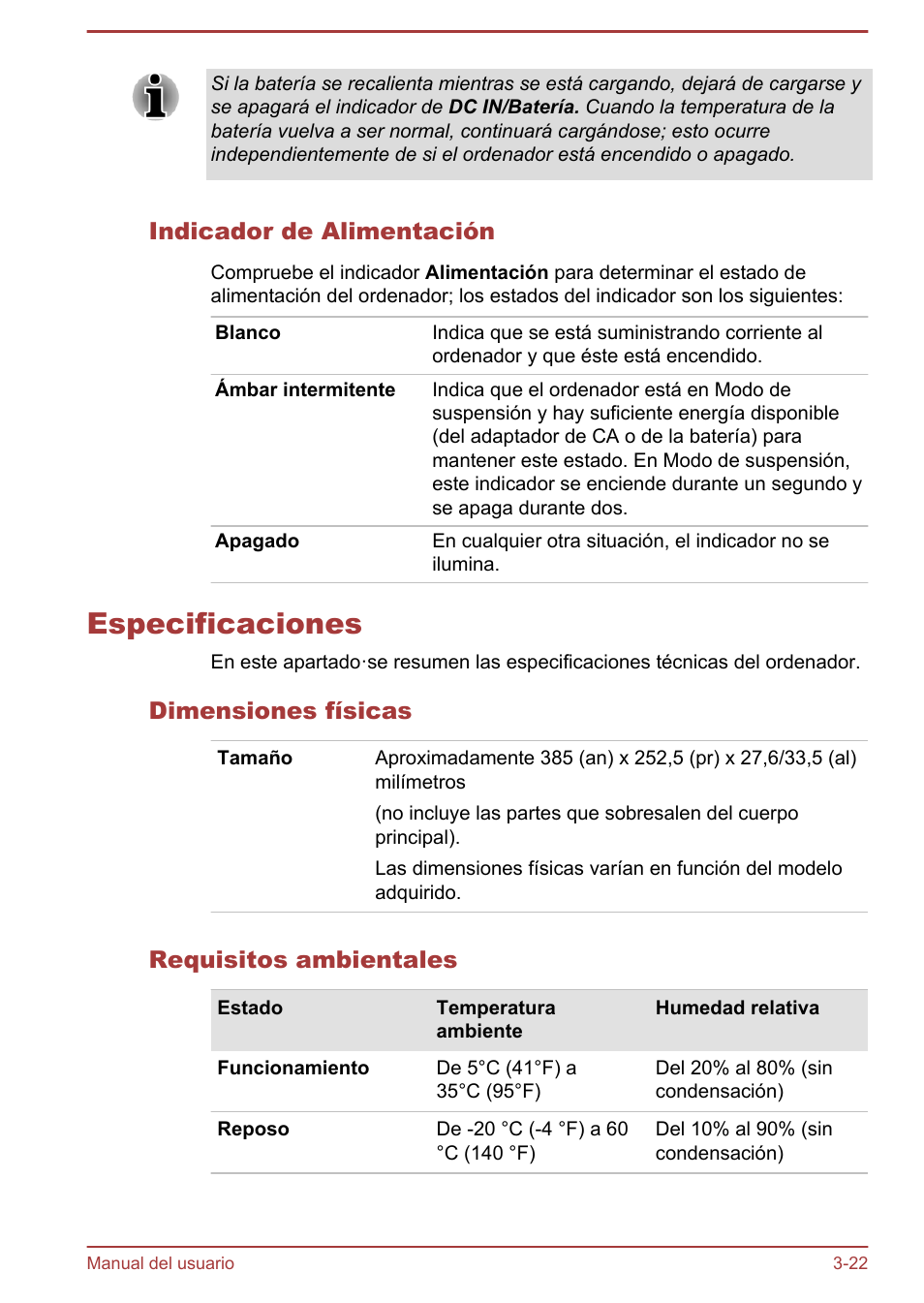 Indicador de alimentación, Especificaciones, Dimensiones físicas | Requisitos ambientales, Especificaciones -22 | Toshiba Satellite P850 User Manual | Page 66 / 182