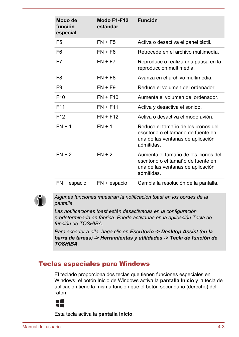 Teclas especiales para windows | Toshiba Satellite P850 User Manual | Page 72 / 182