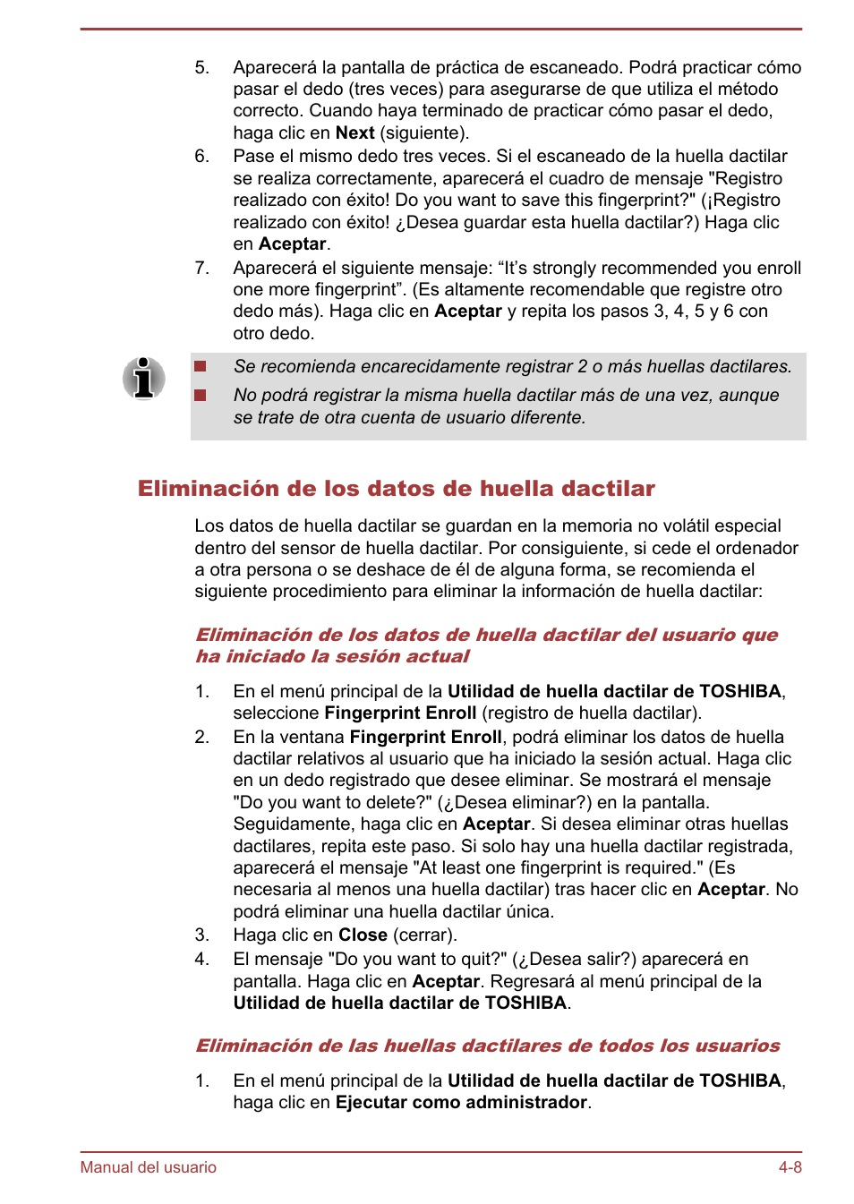 Eliminación de los datos de huella dactilar | Toshiba Satellite P850 User Manual | Page 77 / 182