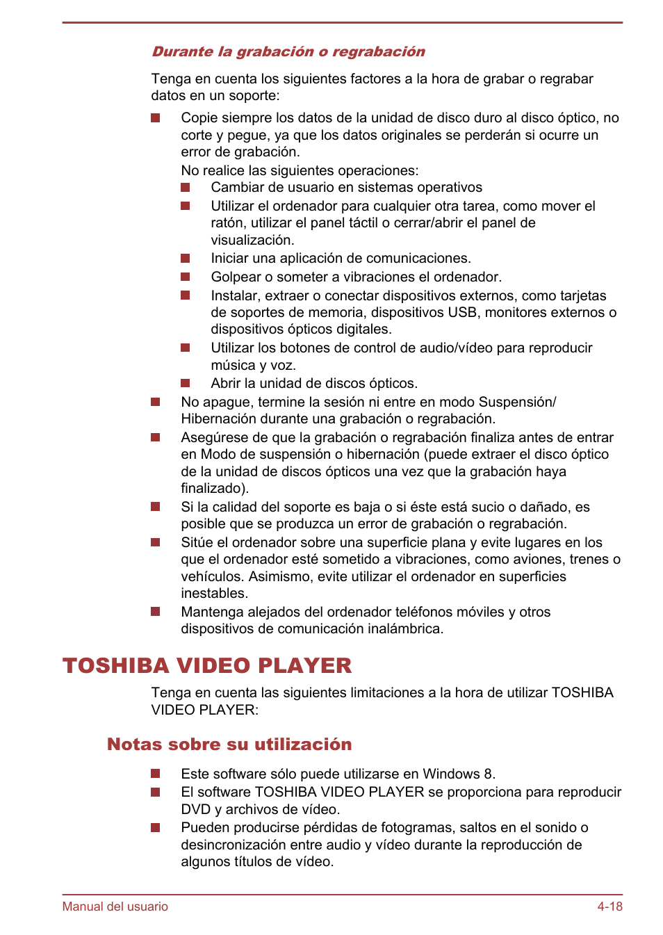 Toshiba video player, Notas sobre su utilización, Toshiba video player -18 | Toshiba Satellite P850 User Manual | Page 87 / 182