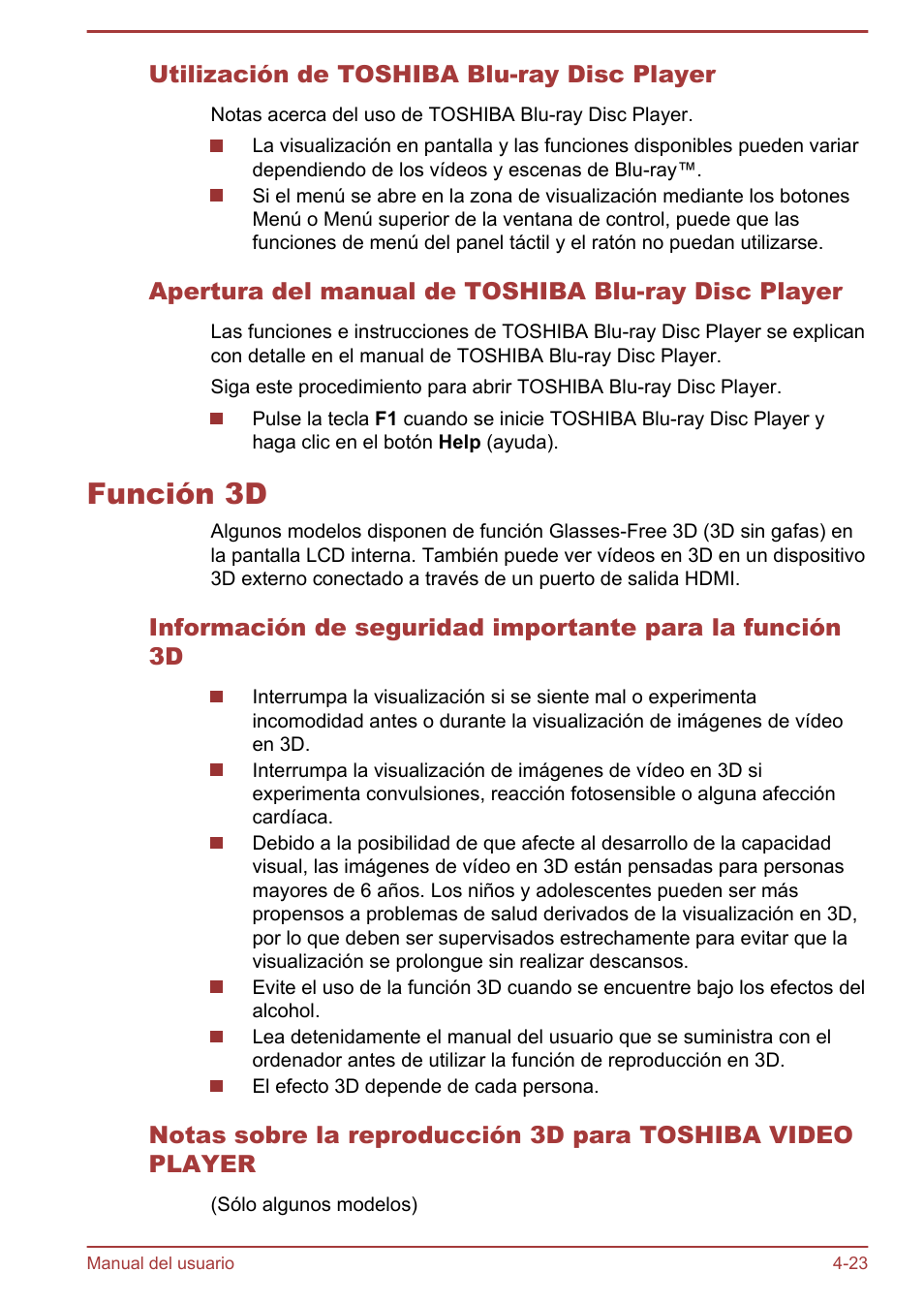 Utilización de toshiba blu-ray disc player, Apertura del manual de toshiba blu-ray disc player, Función 3d | Función 3d -23 | Toshiba Satellite P850 User Manual | Page 92 / 182