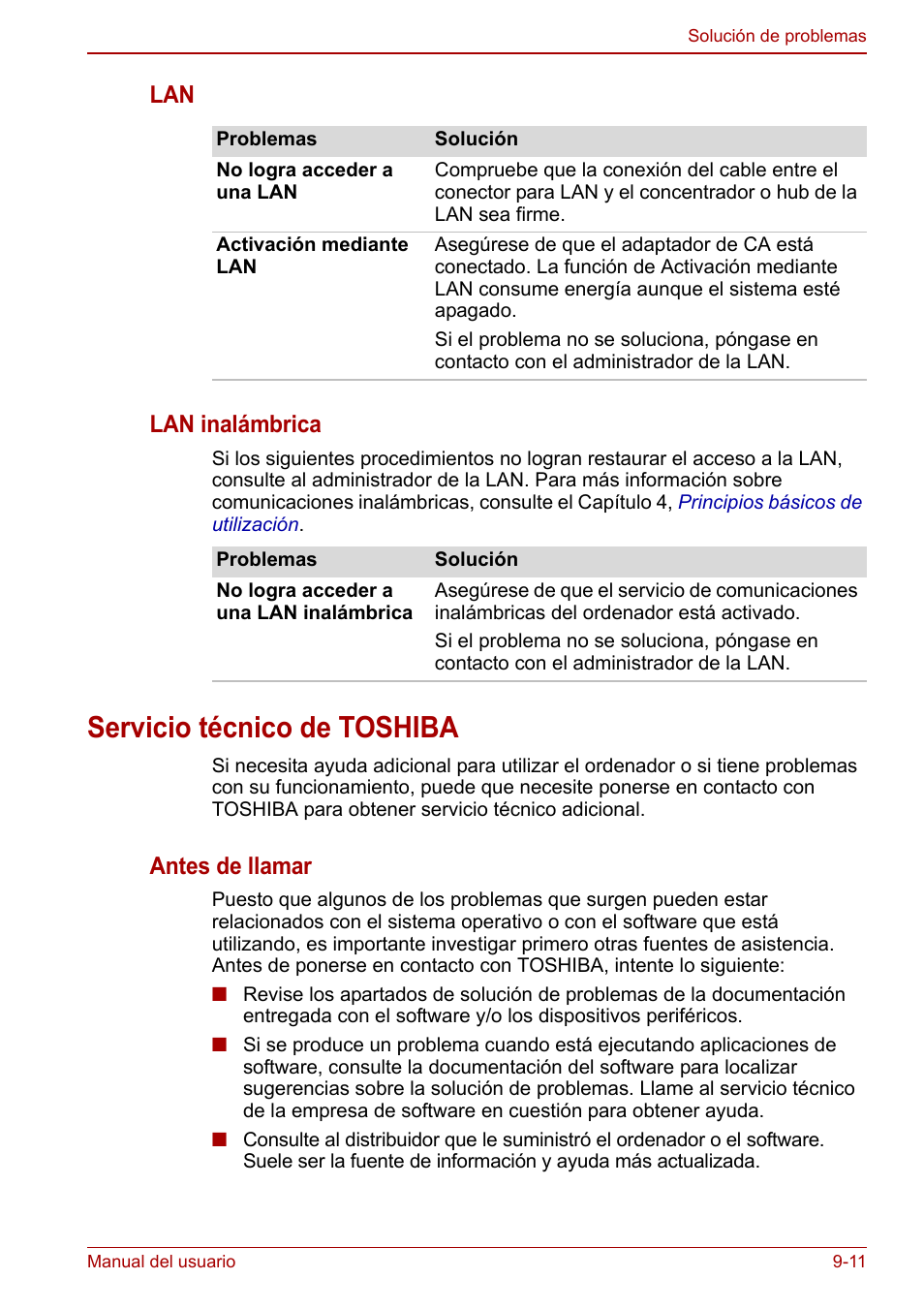 Servicio técnico de toshiba, Servicio técnico de toshiba -11, Lan lan inalámbrica | Antes de llamar | Toshiba NB250 User Manual | Page 106 / 138