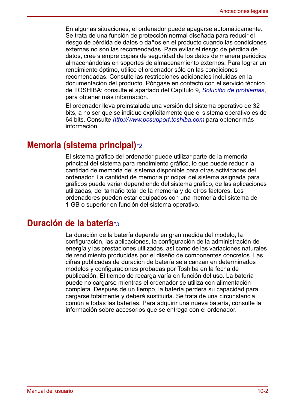 Memoria (sistema principal)*2, Duración de la batería*3, Memoria (sistema principal) | Duración de la batería | Toshiba NB250 User Manual | Page 109 / 138